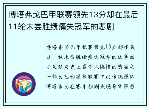 博塔弗戈巴甲联赛领先13分却在最后11轮未尝胜绩痛失冠军的悲剧
