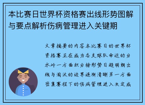 本比赛日世界杯资格赛出线形势图解与要点解析伤病管理进入关键期